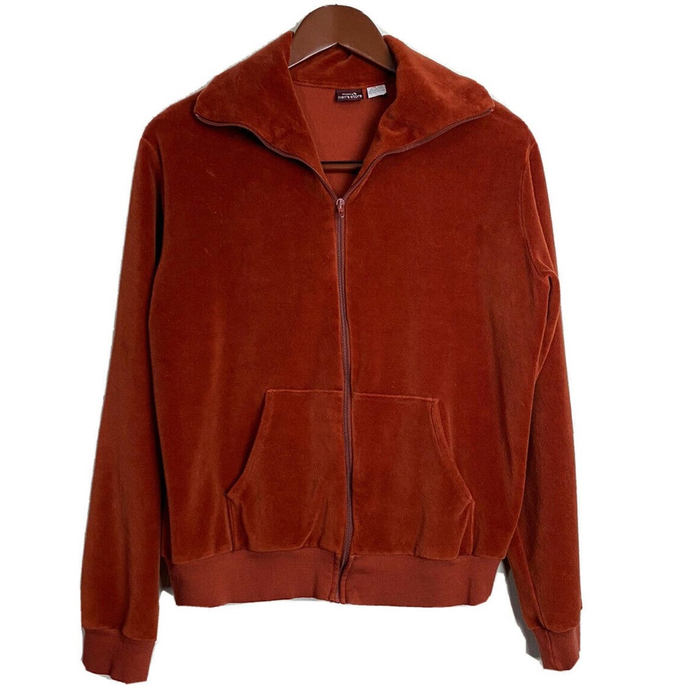 Vintage 80s Orange Velour Track Jacket Top Velvet Leisure MCM Talon ZIp Macy’s
